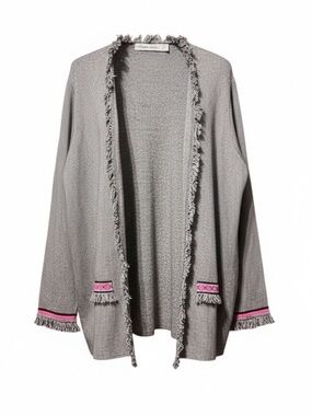 Karen Lessly Fringe Trim Open Front Cardigan Gray Pink Accent – 2X